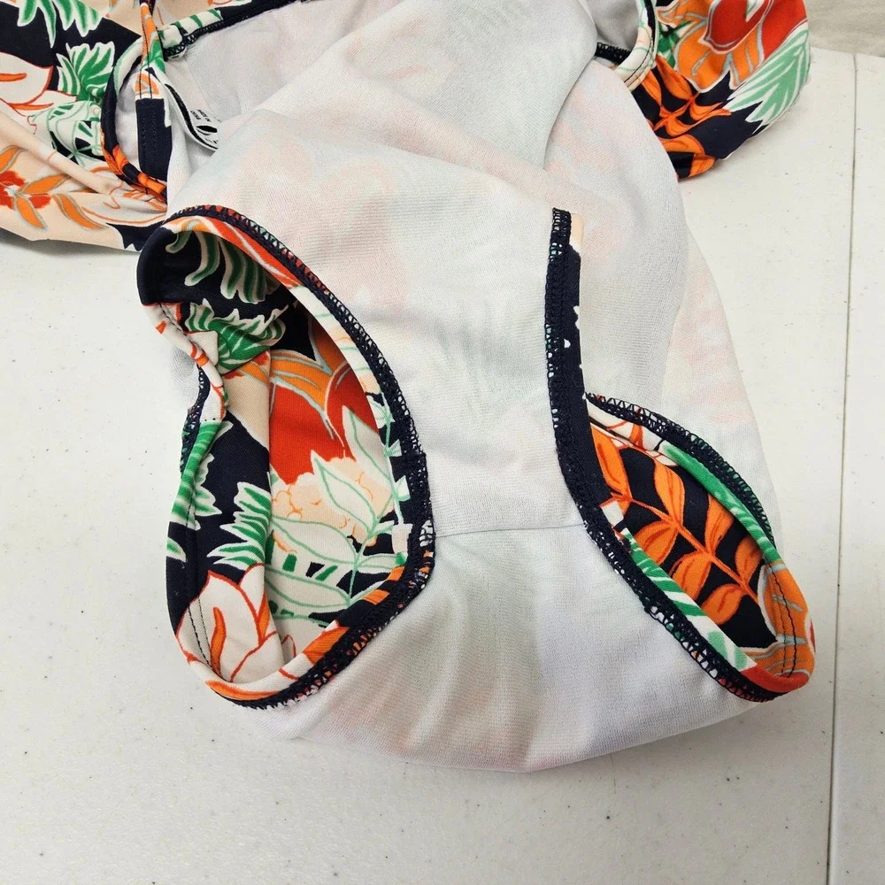 Janie and Jack One Piece Swimsuit Kids 2T Navy Orange Tropical Floral Pom Trim‎
